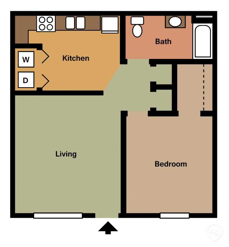 Floor plan for 1 bed, 1 bath, 689 sqft